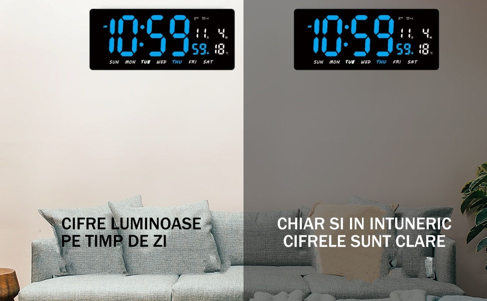 Ceas Digital de Masa si de Perete cu Lumina Led Albastru, Tehnologie LED Fara Umbre, Calendar, Temperatura, Alarma, Functie Snooze, Luminozitate Adjustabila, 36x16cm