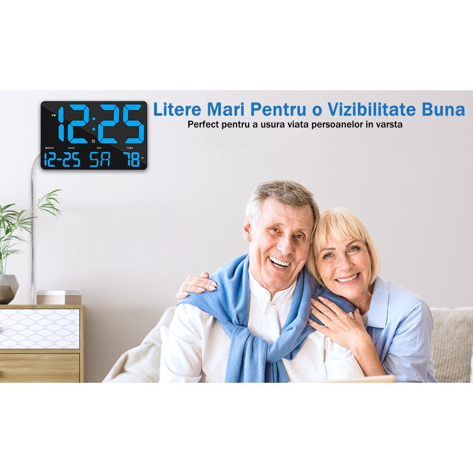 Ceas Digital de Masa si de Perete cu Lumina Led Albastru, Calendar, Temperatura, Alarma, Termometru, Functie Snooze, Luminozitate Adjustabila, 25x16cm