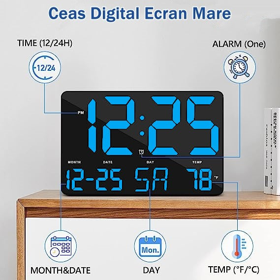 Ceas Digital de Masa si de Perete cu Lumina Led Albastru, Calendar, Temperatura, Alarma, Termometru, Functie Snooze, Luminozitate Adjustabila, 25x16cm