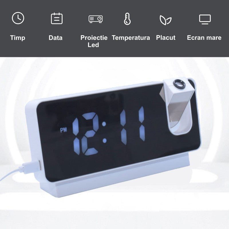 Ceas Digital cu Led Alb si Proiectie S282A - Frize
