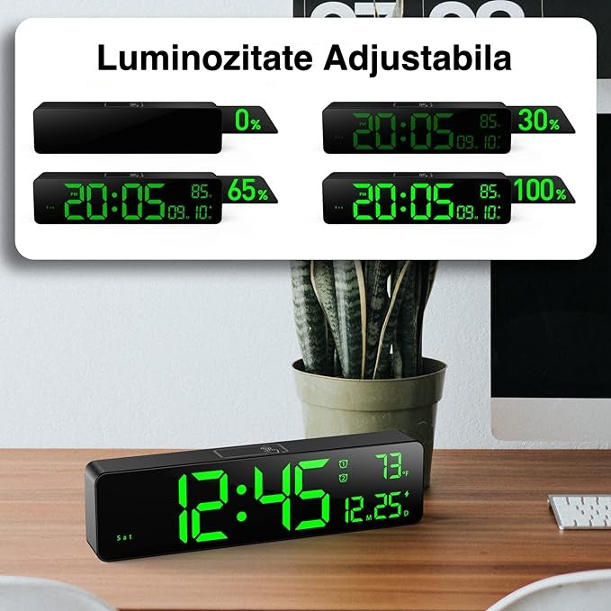 Ceas Digital de Masa si de Perete cu Lumina Led Albastru, Cronometru, Timer, Alarma, Functie Snooze, Temperatura, Luminozitate Adjustabila, 26x6cm