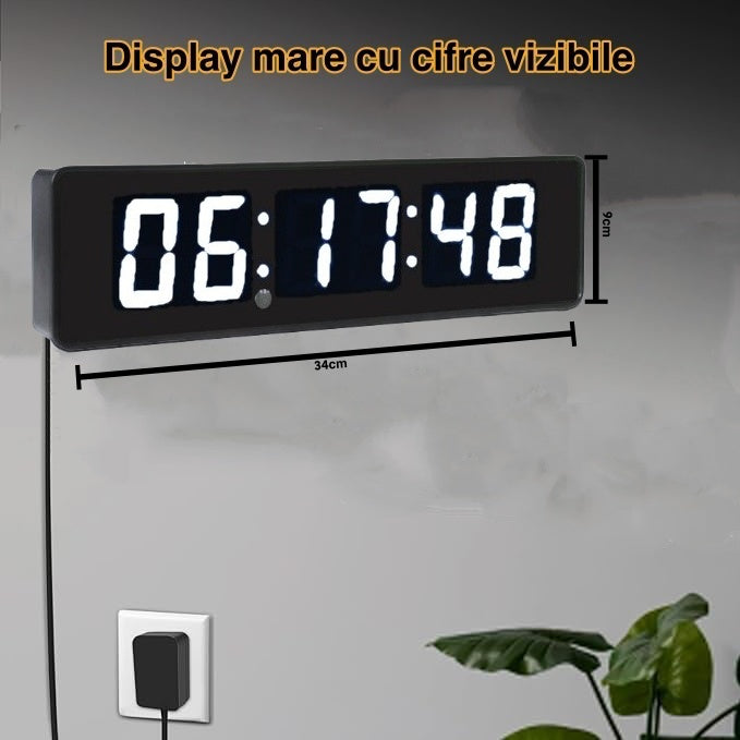 Ceas Digital de Masa si de Perete cu Lumina Led Alb, Cronometru, Timer, Alarma, Luminozitate Adjustabila, 34x9cm