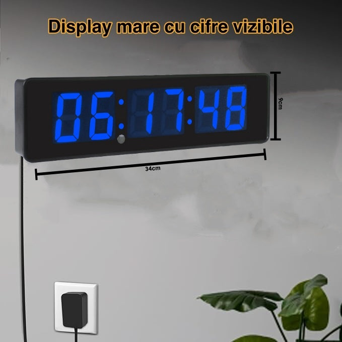 Ceas Digital de Masa si de Perete cu Lumina Led Albastru, Cronometru, Timer, Alarma, Luminozitate Adjustabila, 34x9cm