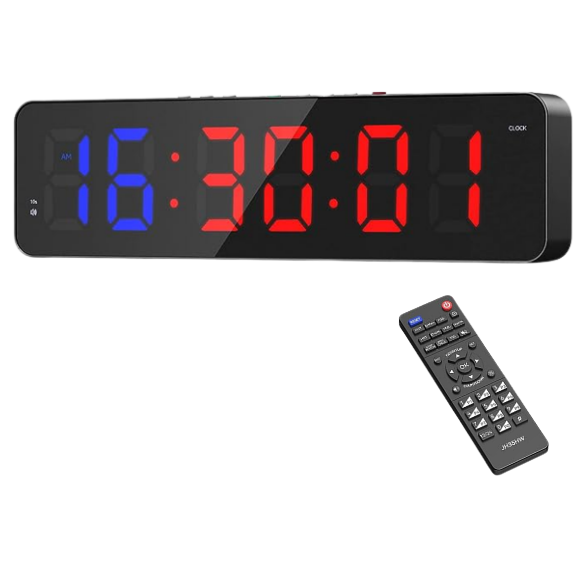 Ceas Digital de Masa sau Perete cu Led Rosu, Cronometru, Numaratoare Inversa, Afisaj Mare, Telecomanda Inclusa, Perfect Pentru Sali de Sport sau Activitati Sportive, 36x13cm, Negru