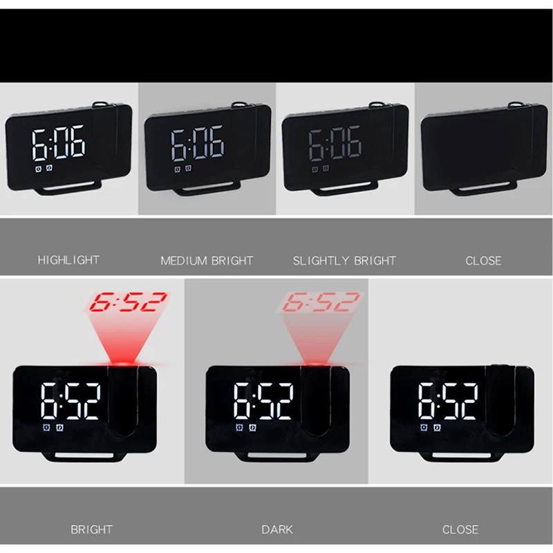 Ceas Digital cu Led Albastru Radio si Proiectie Pana la 5M Inaltime Alb, Rotire la 180°, Radio, Alarma, Port Incarcare USB, Temperatura, Ecran LED, 2 Niveluri de Luminozitate, Negru