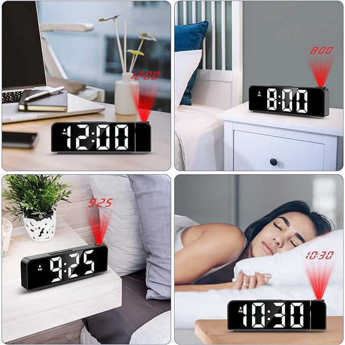 Ceas Digital de Masa cu Lumina LED Alb, Proiectie Pana la 5M, Temperatura, Alarma, Termometru, Functie Snooze, Luminozitate Adjustabila, 20x8cm