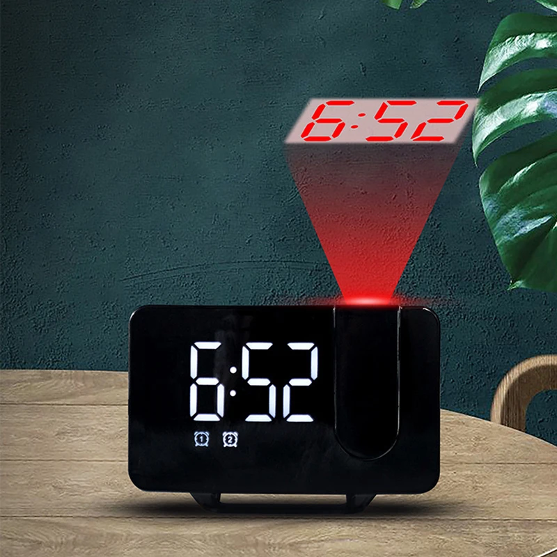 Ceas Digital cu Led Alb Radio si Proiectie Pana la 5M Inaltime Alb, Rotire la 180°, Radio, Alarma, Port Incarcare USB, Temperatura, Ecran LED, 2 Niveluri de Luminozitate, Negru