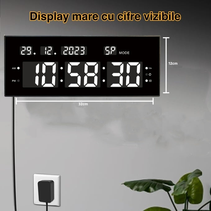 Ceas Digital cu Cronometru de Masa si de Perete cu Lumina Led Alb, Calendar, Timer, Alarma, Luminozitate Adjustabila, 32x12cm