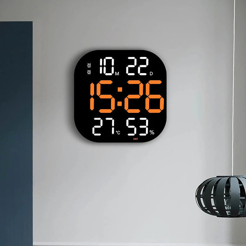 Ceas Digital de Masa si de Perete cu Lumina Led Portocaliu, Calendar, Cronometru, Temperatura, Alarma, Termometru, Functie Snooze, Luminozitate Adjustabila, 32x32cm