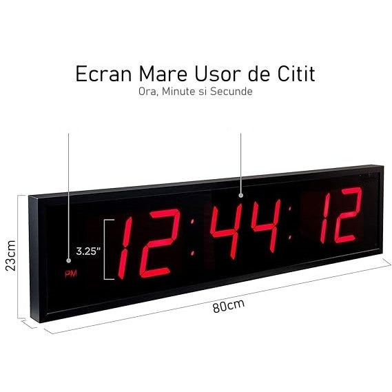 Ceas Digital Mare de Masa si de Perete cu Lumina Led Rosu, Alarma, Cronometru, Telecomanda, Temporizator, Perfect Pentru Sali de Sport 80x23x8cm