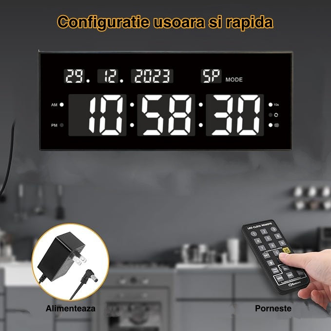 Ceas Digital cu Cronometru de Masa si de Perete cu Lumina Led Alb, Calendar, Timer, Alarma, Luminozitate Adjustabila, 32x12cm