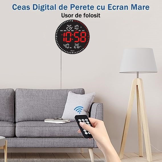 Ceas Digital de Perete cu Lumina Led Rosu, Secundar, Calendar, Temperatura, Termometru, Cronometru, Telecomanda, Afisare Umiditate, 28cm
