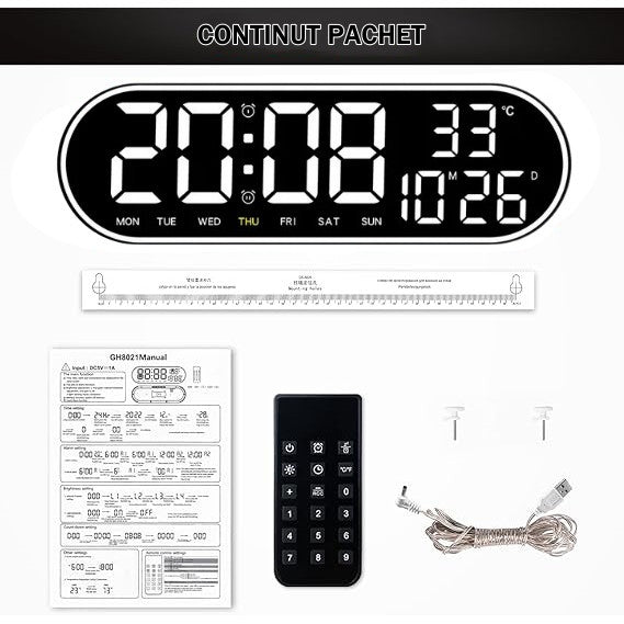 Ceas Digital de Masa si de Perete Oval cu Lumina Led Alb, Calendar, Cronometru, Temperatura, 2 Alarme, Termometru, Functie Snooze, 5 Trepte de Intensitate, Telecomanda, Afisare Umiditate, 38cm