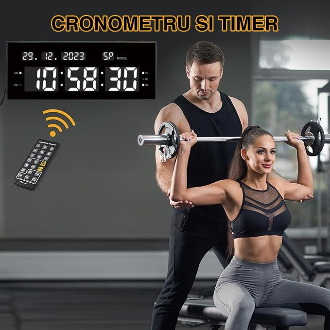 Ceas Digital cu Cronometru de Masa si de Perete cu Lumina Led Alb, Calendar, Timer, Alarma, Luminozitate Adjustabila, 32x12cm