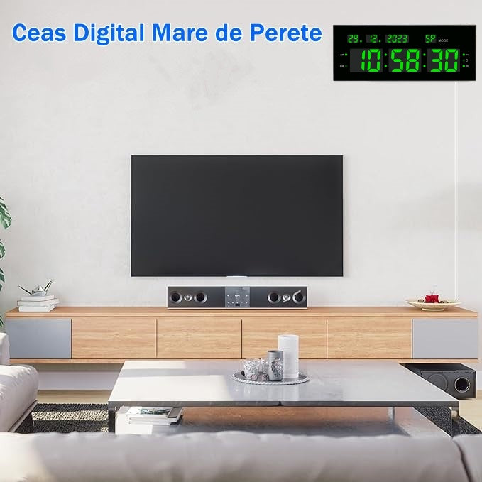 Ceas Digital cu Cronometru de Masa si de Perete cu Lumina Led Verde, Calendar, Timer, Alarma, Luminozitate Adjustabila, 32x12cm