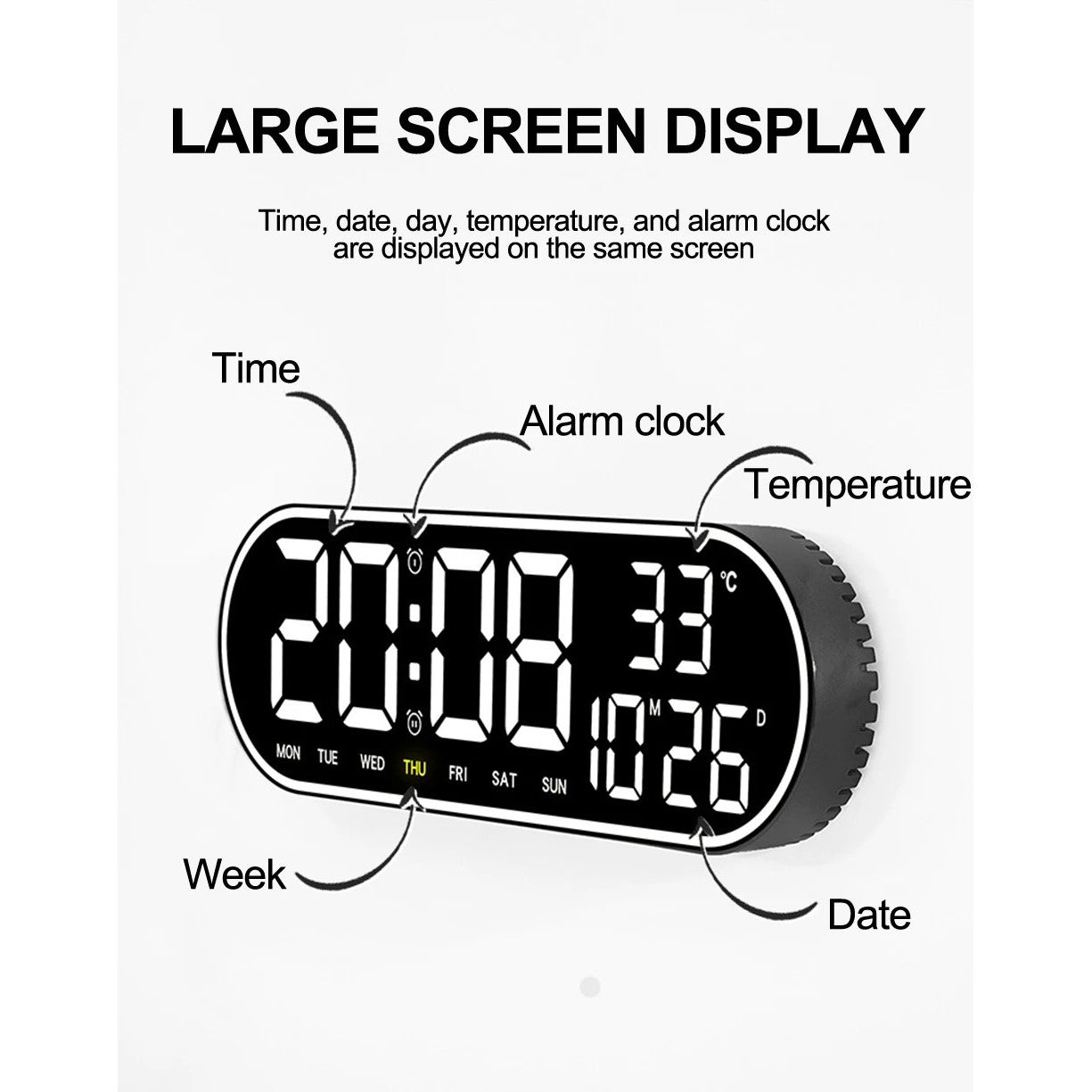 Ceas Digital de Masa si de Perete Oval cu Lumina Led Alb, Calendar, Cronometru, Temperatura, 2 Alarme, Termometru, Functie Snooze, 5 Trepte de Intensitate, Telecomanda, Afisare Umiditate, 38cm