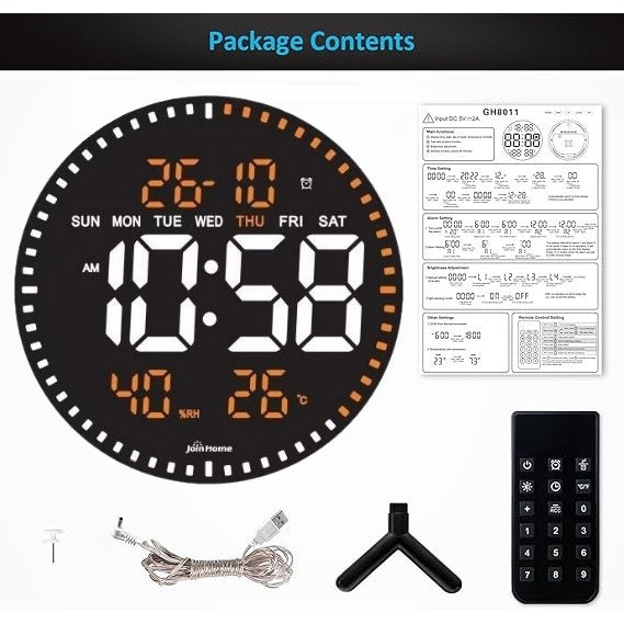 Ceas Digital de Perete cu Lumina Led Portocaliu, Secundar, Calendar, Temperatura, Termometru, Cronometru, Telecomanda, Afisare Umiditate, 28cm