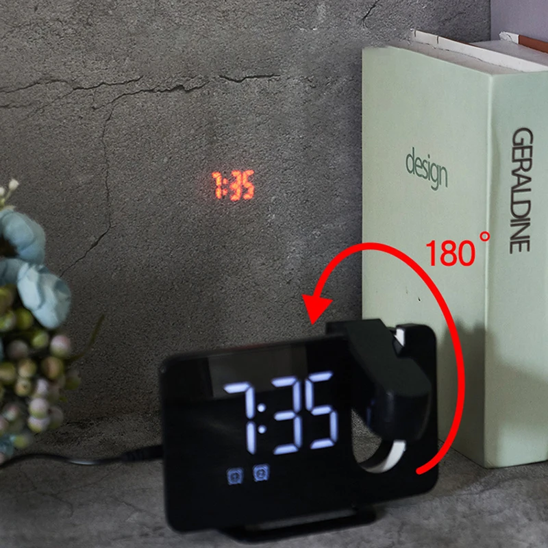 Ceas Digital cu Led Alb Radio si Proiectie Pana la 5M Inaltime Alb, Rotire la 180°, Radio, Alarma, Port Incarcare USB, Temperatura, Ecran LED, 2 Niveluri de Luminozitate, Negru