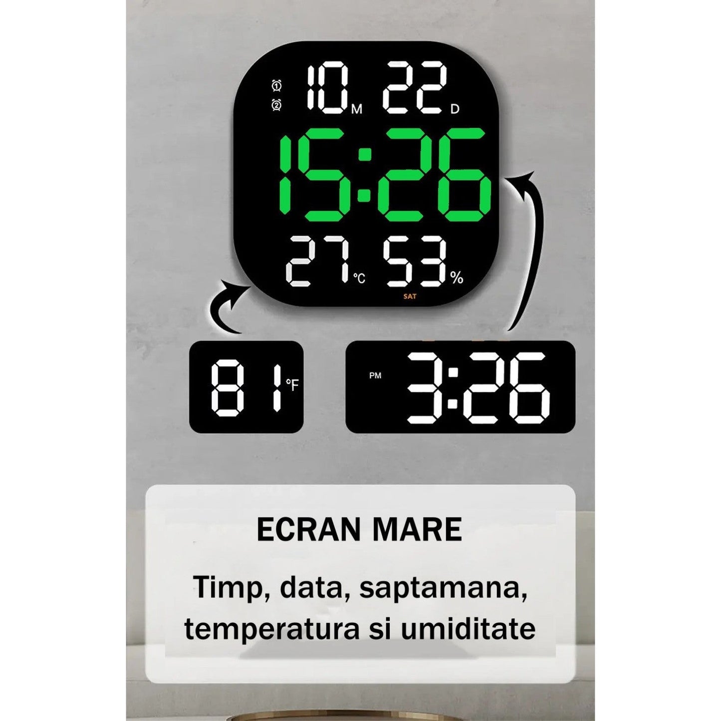 Ceas Digital de Masa si de Perete cu Lumina Led Verde, Cronometru, Calendar, Temperatura, Alarma, Termometru, Functie Snooze, Luminozitate Adjustabila, 32x32cm