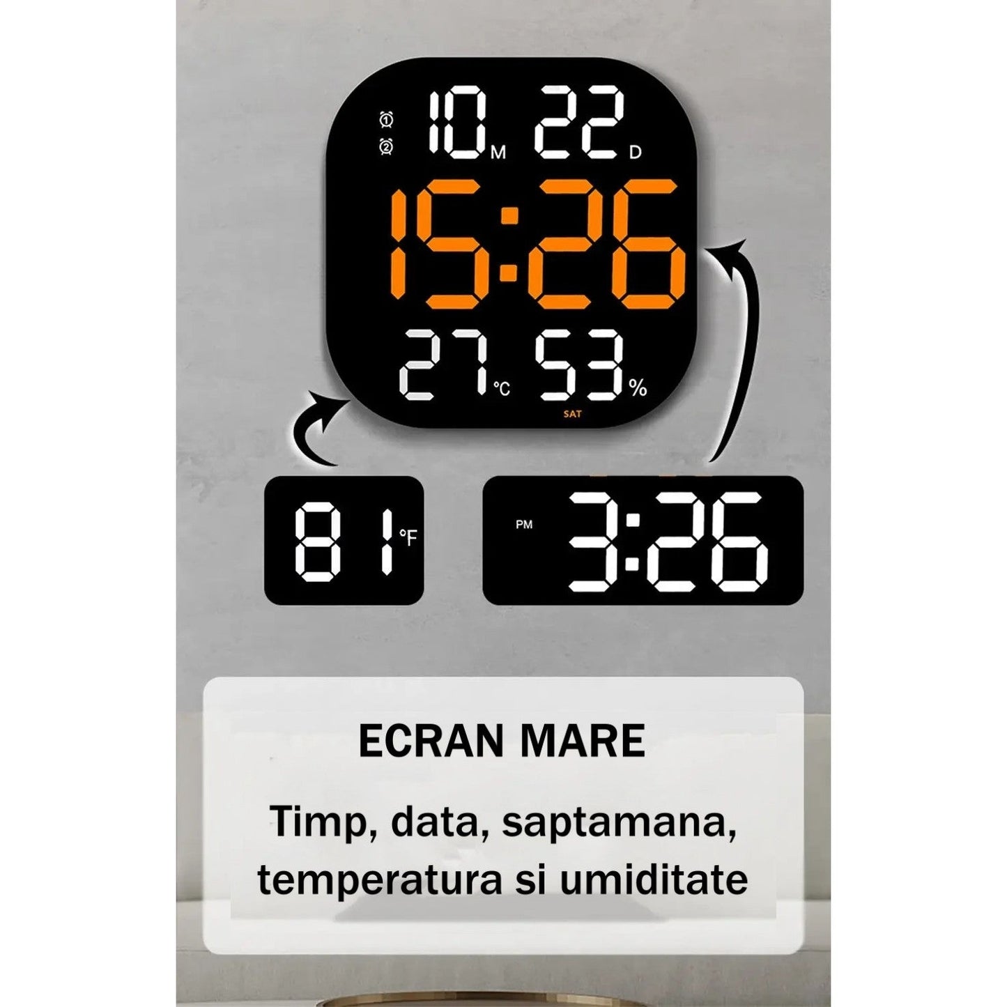 Ceas Digital de Masa si de Perete cu Lumina Led Portocaliu, Calendar, Cronometru, Temperatura, Alarma, Termometru, Functie Snooze, Luminozitate Adjustabila, 32x32cm