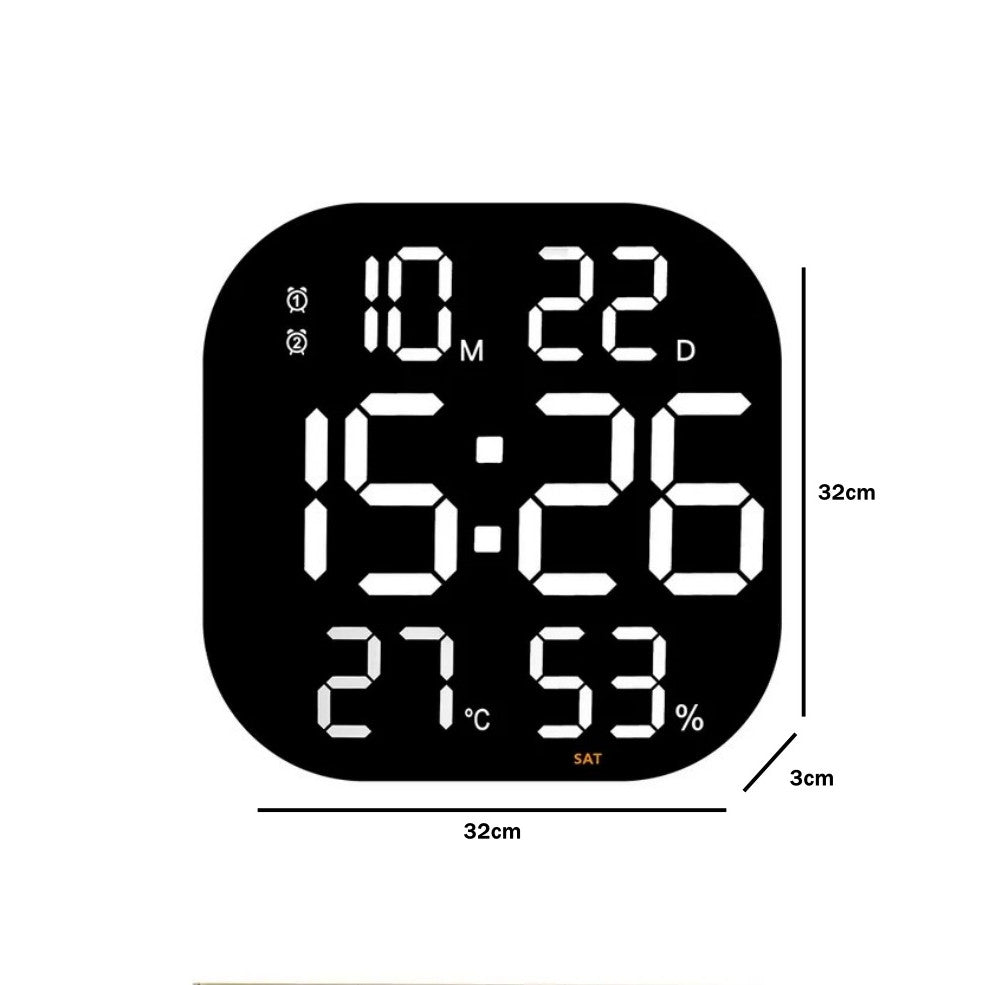 Ceas Digital de Masa si de Perete cu Lumina Led Alb, Calendar, Cronometru, Temperatura, Alarma, Termometru, Functie Snooze, Luminozitate Adjustabila, 32x32cm