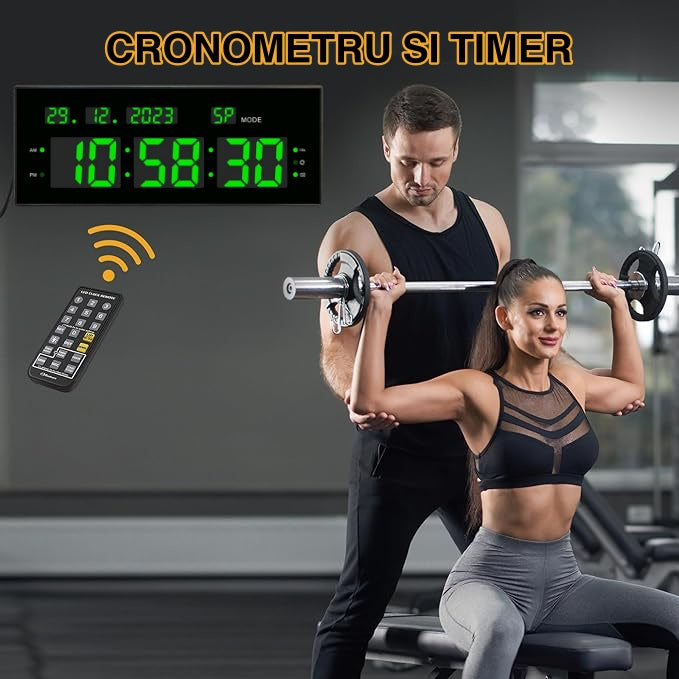 Ceas Digital cu Cronometru de Masa si de Perete cu Lumina Led Verde, Calendar, Timer, Alarma, Luminozitate Adjustabila, 32x12cm