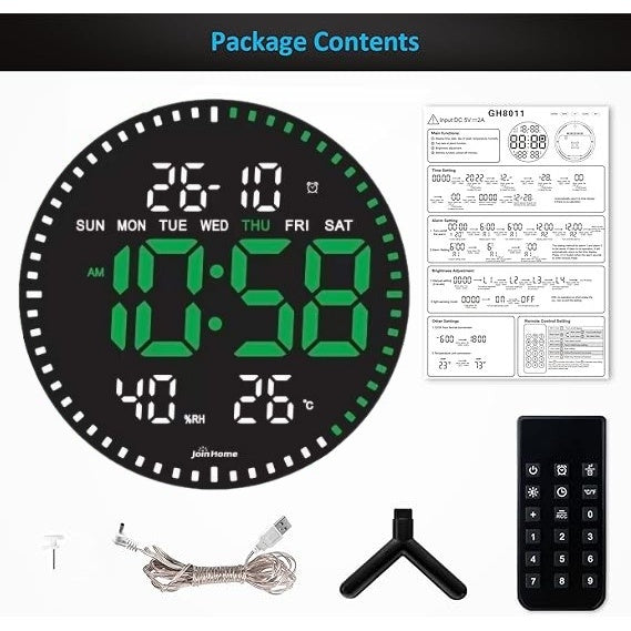Ceas Digital de Perete cu Lumina Led Verde, Secundar, Calendar, Temperatura, Termometru, Cronometru, Telecomanda, Afisare Umiditate, 28cm