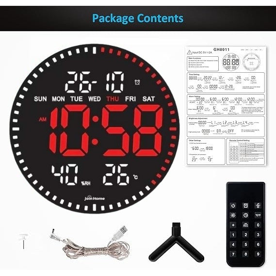 Ceas Digital de Perete cu Lumina Led Rosu, Secundar, Calendar, Temperatura, Termometru, Cronometru, Telecomanda, Afisare Umiditate, 28cm