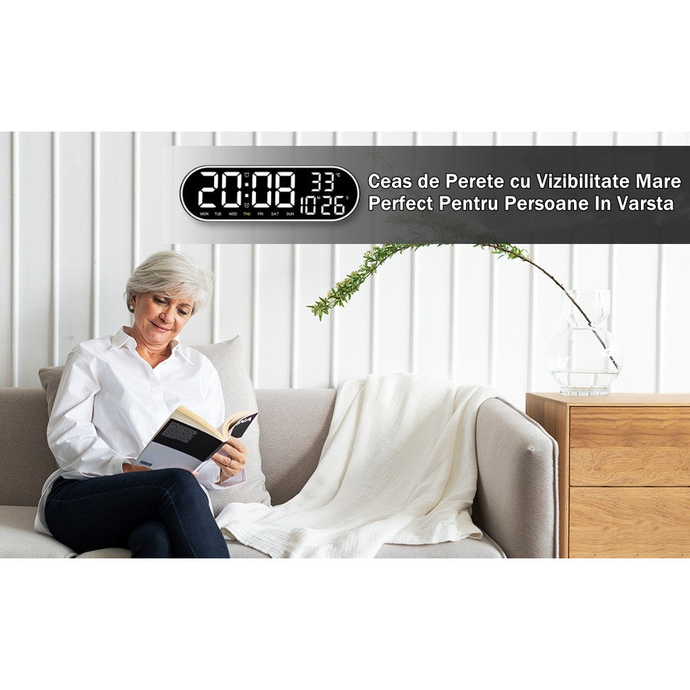 Ceas Digital de Masa si de Perete Oval cu Lumina Led Alb, Calendar, Cronometru, Temperatura, 2 Alarme, Termometru, Functie Snooze, 5 Trepte de Intensitate, Telecomanda, Afisare Umiditate, 38cm