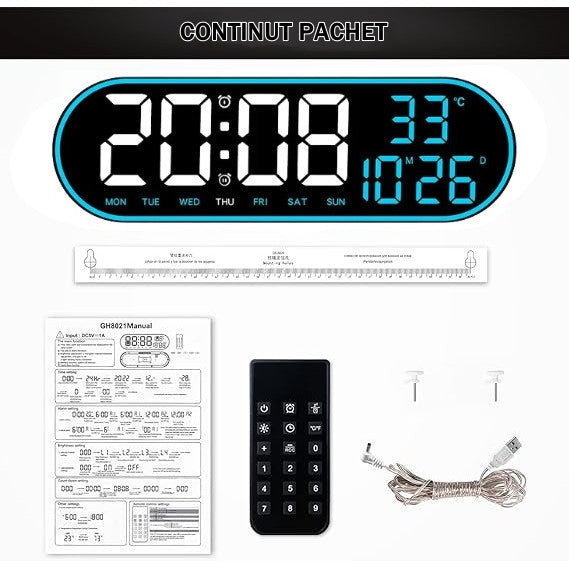 Ceas Digital de Masa si de Perete Oval cu Lumina Led Albastru, Calendar, Cronometru, Temperatura, 2 Alarme, Termometru, Functie Snooze, 5 Trepte de Intensitate, Telecomanda, Afisare Umiditate, 38cm