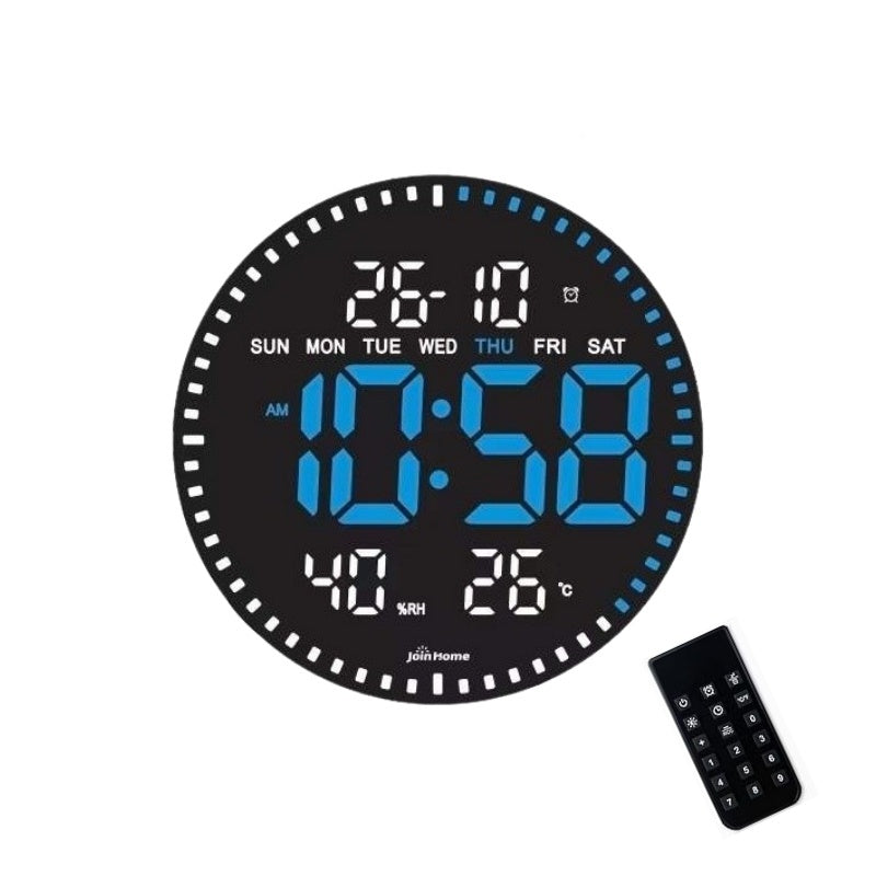 Ceas Digital de Perete cu Lumina Led Albastru, Secundar, Calendar, Temperatura, Termometru, Cronometru, Telecomanda, Afisare Umiditate, 28cm