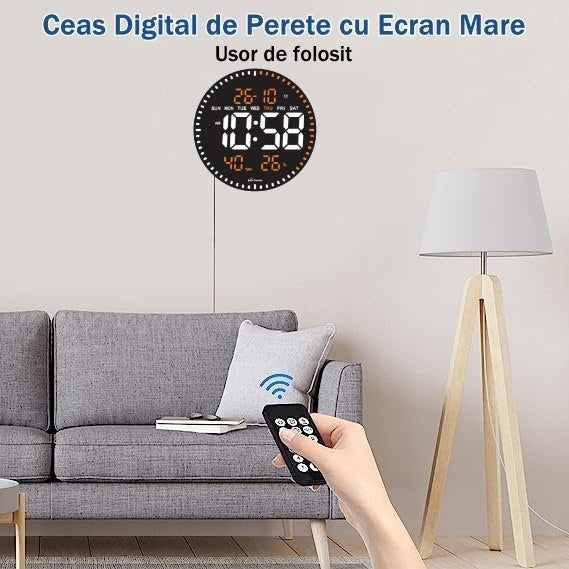 Ceas Digital de Perete cu Lumina Led Portocaliu, Secundar, Calendar, Temperatura, Termometru, Cronometru, Telecomanda, Afisare Umiditate, 28cm