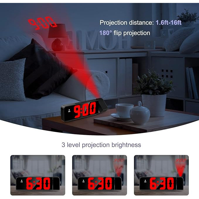 Ceas Digital de Masa cu Lumina Led Rosu, Proiectie Pana la 5M, Temperatura, Alarma, Termometru, Functie Snooze, Luminozitate Adjustabila, 20x8cm