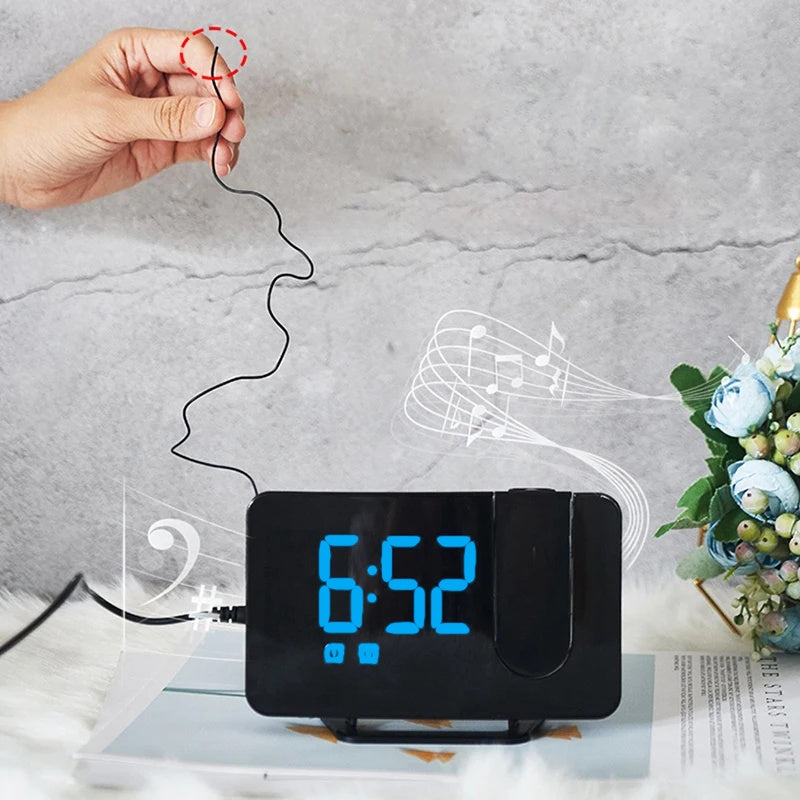 Ceas Digital cu Led Albastru Radio si Proiectie Pana la 5M Inaltime Alb, Rotire la 180°, Radio, Alarma, Port Incarcare USB, Temperatura, Ecran LED, 2 Niveluri de Luminozitate, Negru
