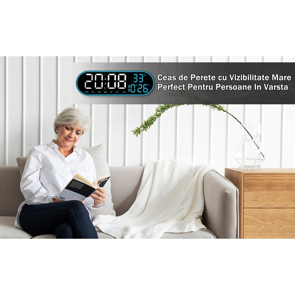 Ceas Digital de Masa si de Perete Oval cu Lumina Led Albastru, Calendar, Cronometru, Temperatura, 2 Alarme, Termometru, Functie Snooze, 5 Trepte de Intensitate, Telecomanda, Afisare Umiditate, 38cm