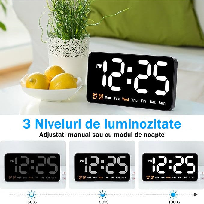 Ceas Digital de Masa si de Perete cu Lumina Led Alb, Alarma, Calendar, Temperatura, Functie Snooze, Mod de Noapte, 11x21cm