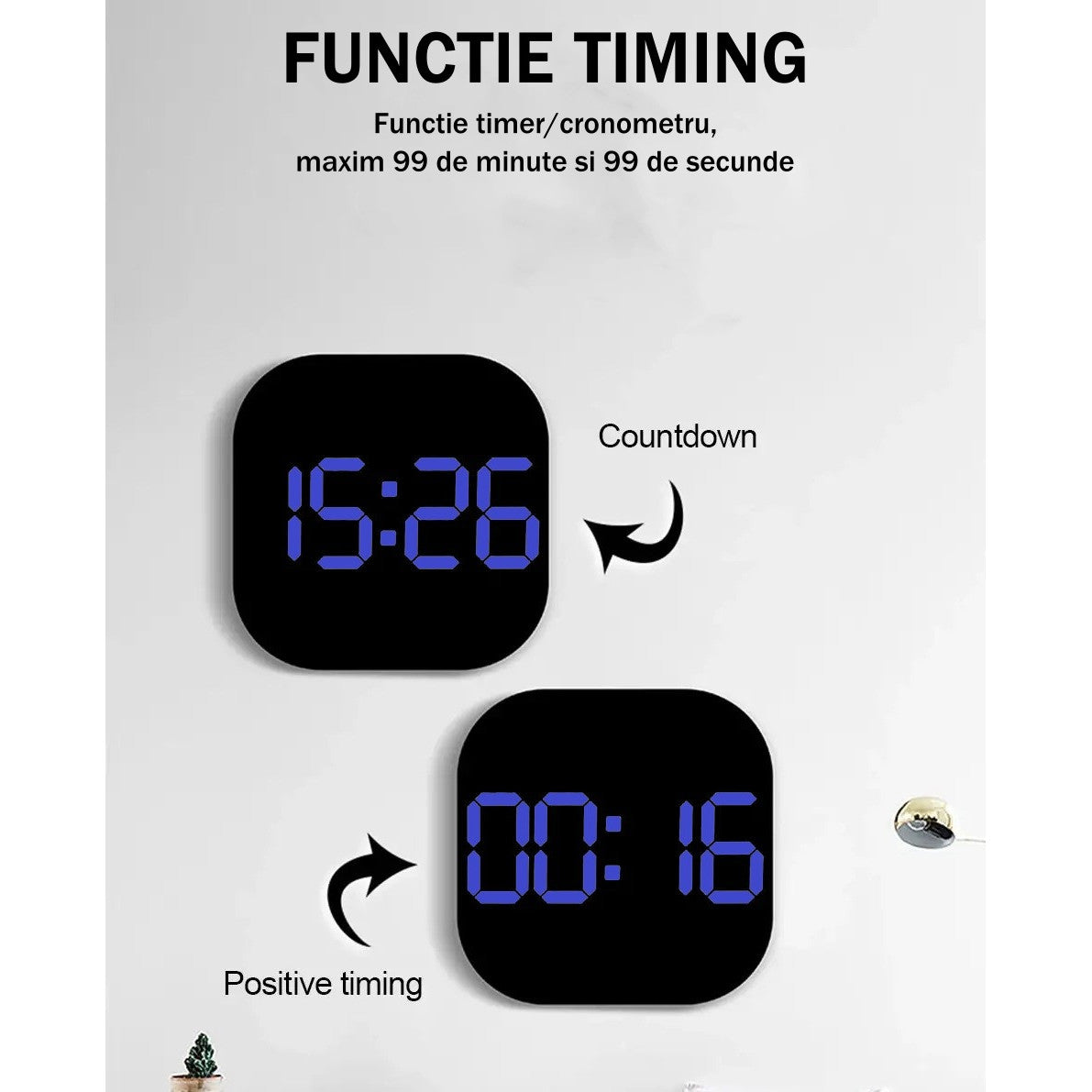 Ceas Digital de Masa si de Perete cu Lumina Led Albastru, Calendar, Cronometru, Temperatura, Alarma, Termometru, Functie Snooze, Luminozitate Adjustabila, 32x32cm