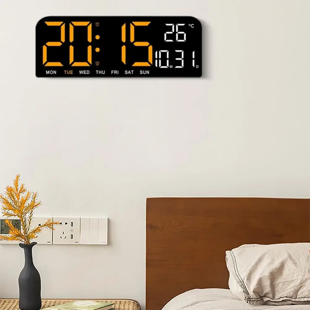 Ceas Digital de Masa si de Perete cu Lumina Led Portocaliu, Calendar, Cronometru, Temperatura, Alarma, Termometru, Functie Snooze, Luminozitate Adjustabila, 24x9cm