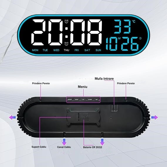 Ceas Digital de Masa si de Perete Oval cu Lumina Led Albastru, Calendar, Cronometru, Temperatura, 2 Alarme, Termometru, Functie Snooze, 5 Trepte de Intensitate, Telecomanda, Afisare Umiditate, 38cm