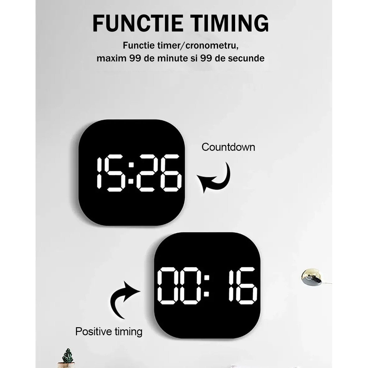 Ceas Digital de Masa si de Perete cu Lumina Led Alb, Calendar, Cronometru, Temperatura, Alarma, Termometru, Functie Snooze, Luminozitate Adjustabila, 32x32cm