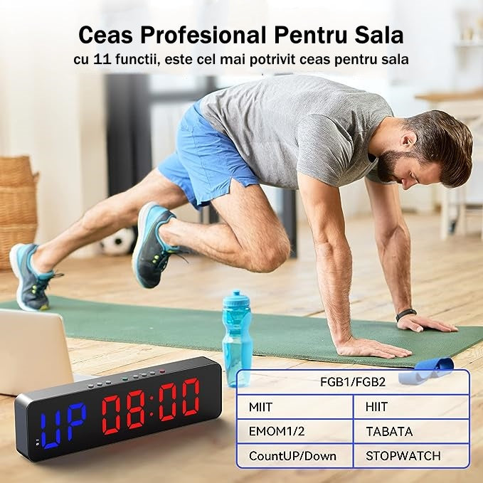Ceas Digital de Masa sau Perete cu Led Rosu, Cronometru, Numaratoare Inversa, Afisaj Mare, Telecomanda Inclusa, Perfect Pentru Sali de Sport sau Activitati Sportive, 36x13cm, Negru