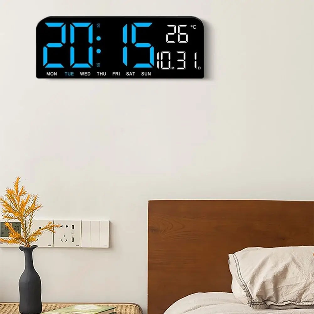 Ceas Digital de Masa si de Perete cu Lumina Led Albastru, Calendar, Cronometru, Temperatura, Alarma, Termometru, Functie Snooze, Luminozitate Adjustabila, 24x9cm
