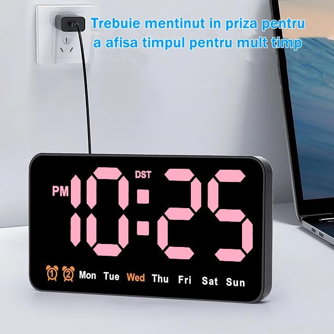 Ceas Digital de Masa si de Perete cu Lumina Led Roz, Alarma, Calendar, Temperatura, Functie Snooze, Mod de Noapte, 11x21cm