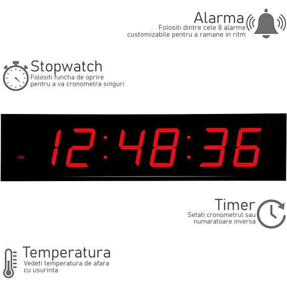 Ceas Digital Mare de Masa si de Perete cu Lumina Led Rosu, Alarma, Cronometru, Telecomanda, Temporizator, Perfect Pentru Sali de Sport 80x23x8cm
