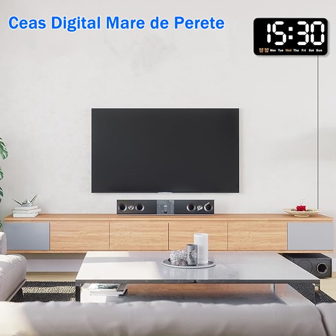 Ceas Digital de Masa si de Perete cu Lumina Led Alb, Alarma, Calendar, Temperatura, Functie Snooze, Mod de Noapte, 11x21cm