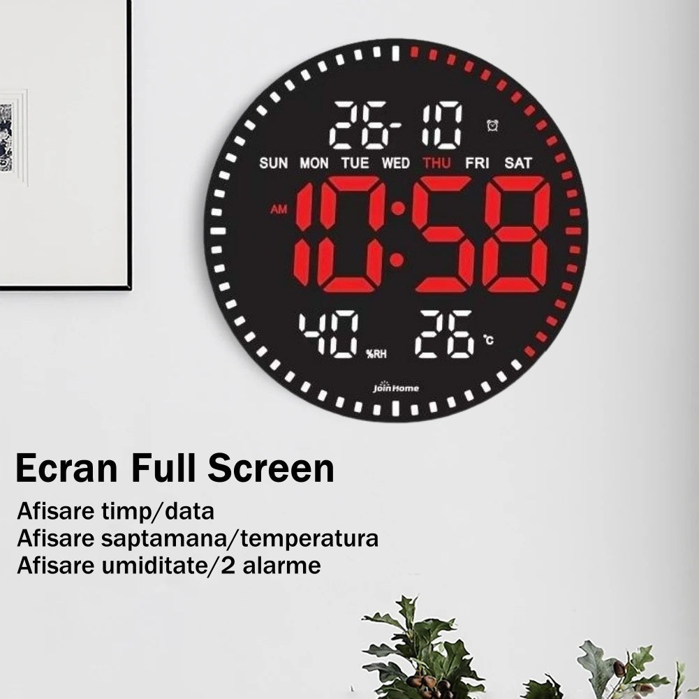 Ceas Digital de Perete cu Lumina Led Rosu, Secundar, Calendar, Temperatura, Termometru, Cronometru, Telecomanda, Afisare Umiditate, 28cm