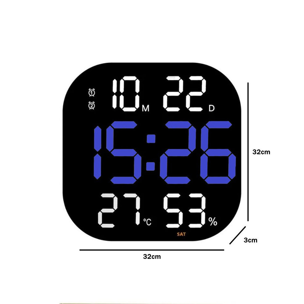 Ceas Digital de Masa si de Perete cu Lumina Led Albastru, Calendar, Cronometru, Temperatura, Alarma, Termometru, Functie Snooze, Luminozitate Adjustabila, 32x32cm