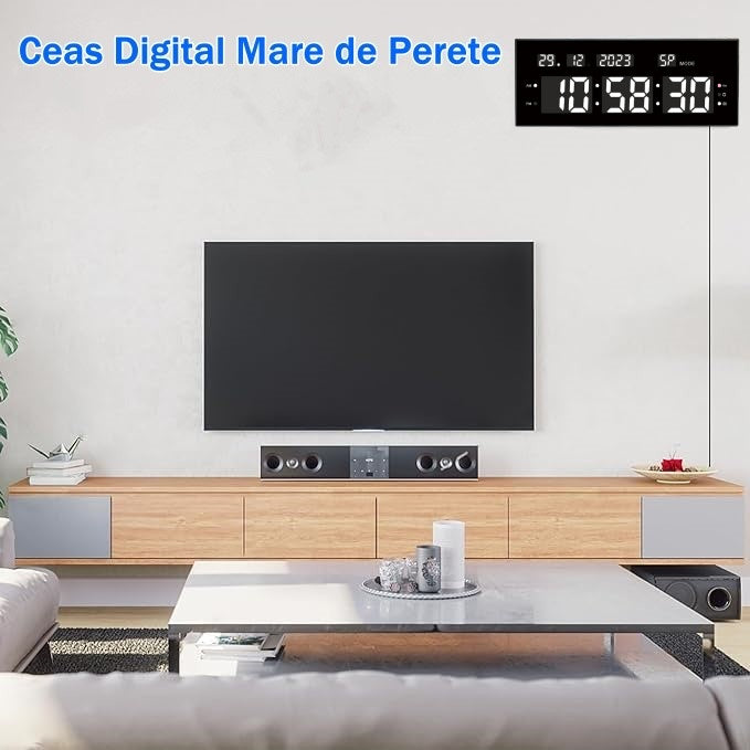 Ceas Digital cu Cronometru de Masa si de Perete cu Lumina Led Alb, Calendar, Timer, Alarma, Luminozitate Adjustabila, 32x12cm