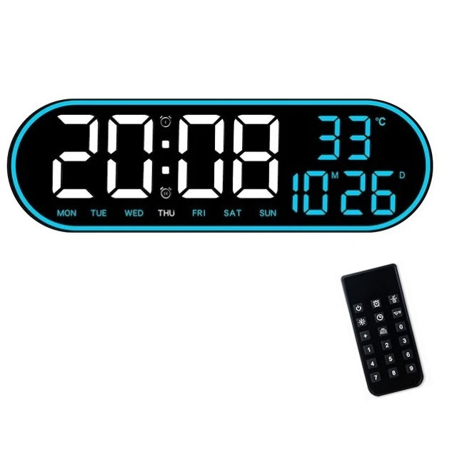 Ceas Digital de Masa si de Perete Oval cu Lumina Led Albastru, Calendar, Cronometru, Temperatura, 2 Alarme, Termometru, Functie Snooze, 5 Trepte de Intensitate, Telecomanda, Afisare Umiditate, 38cm