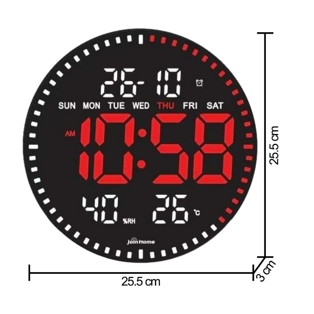 Ceas Digital de Perete cu Lumina Led Rosu, Secundar, Calendar, Temperatura, Termometru, Cronometru, Telecomanda, Afisare Umiditate, 28cm